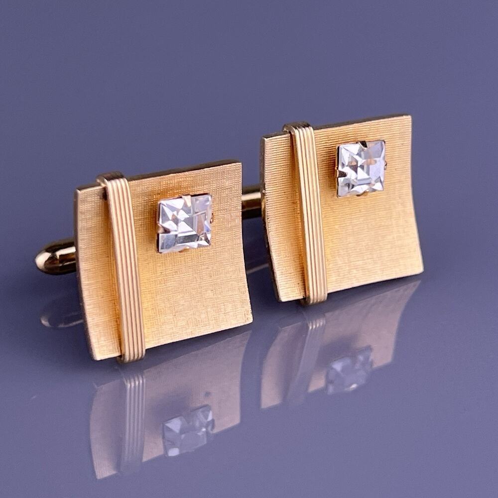 Square White Rhinestone Cufflinks Gold Plated Florentine Finish Swank Vintage